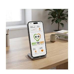 Peut inclure: Un smartphone posé sur un socle de chargement argenté affichant une interface d'application de fitness avec le texte BOOST TON CORPS, une icône d'haltère en forme de cœur, des graphiques de progression et divers boutons de catégories santé.