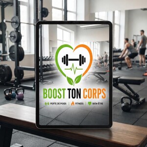 May include: A tablet screen displaying a logo with a heart shape, a barbell, and a heartbeat line. The text reads BOOST TON CORPS, followed by PERTE DE POIDS, FITNESS, and BIEN-ÊTRE with corresponding icons of a dumbbell, a flame, and a heart.