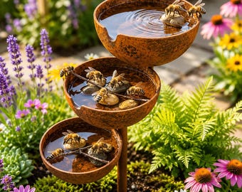 Metal Bee Bath Garden Stake, 3 Tier Butterfly Water Feeder, Rustic Outdoor Bee Bath, Pollinator Garden Decor, Nature Lover Gift