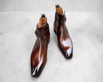 New Handmade Brown Shaded Leather Oxford Chelsea Boots : Men's Single Strap Formal Wedding Dress