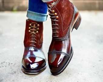 Botas Chelsea Oxford de cuero bicolor hechas a mano: Zapatos brogue con puntera para hombre
