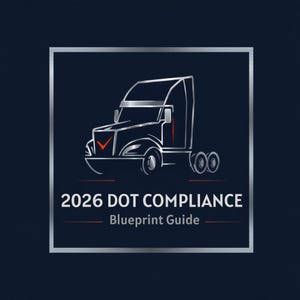 Op de afbeelding: Een grafisch ontwerp met een zilveren omtrek van een vrachtwagen met een rood vinkje op de motorkap, ingesloten in een zilveren vierkant kader. Onder de vrachtwagen staat de tekst 2026 DOT COMPLIANCE Blueprint Guide op een donkerblauwe achtergrond.