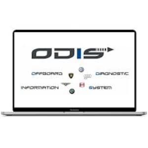 以下が含まれることがあります： ダークグレーと青のテキストで「ODIS Offboard Diagnostic Information System」のロゴが表示されたシルバーのノートパソコン。フォルクスワーゲン、アウディ、ランボルギーニ、ベントレーなどの自動車ブランドのロゴが円状に配置されています。