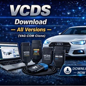 May include: A laptop displaying software alongside four black diagnostic interface cables and a silver Audi car. The text reads VCDS Download All Versions VAG-COM Clone and DOWNLOAD NOW. The background features a dark blue digital circuit pattern.