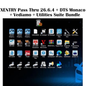 May include: A digital software bundle display featuring the text XENTRY Pass Thru 26.6.4 + DTS Monaco + Vediamo + Utilities Suite Bundle. The image shows a grid of various diagnostic application icons, including XENTRY, DTS, Vediamo, and system tools.