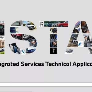 May include: The word ISTA is displayed in large letters filled with various automotive images, including cars, motorcycles, and brand logos. Below, the text reads Integrated Services Technical Application, with a white rectangular input bar.