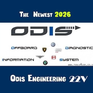 Peut inclure: Un graphique rectangulaire blanc présentant le texte The Newest 2026 ODIS Offboard Diagnostic Information System. Le logo comprend une flèche stylisée et une disposition circulaire d'emblèmes de marques automobiles dont Volkswagen, Audi et Bentley.