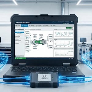 Könnte beinhalten: Ein robuster schwarzer Laptop mit der JLR PATHFINDER 2024 Softwareoberfläche, die Fahrzeugdiagnosediagramme und Live-Datengrafiken zeigt. Ein graues JLR DoIP VCI Diagnosegerät ist über leuchtend blaue Kabel mit dem Laptop verbunden.