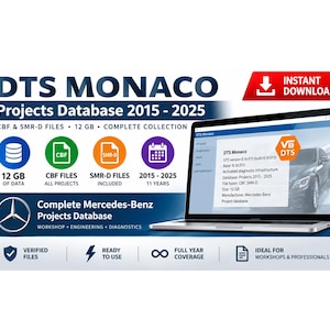 May include: A laptop displaying the DTS Monaco Projects Database 2015-2025 software interface. The graphic includes text detailing 12 GB of data, CBF and SMR-D files, and Mercedes-Benz diagnostic compatibility for workshops and professionals.