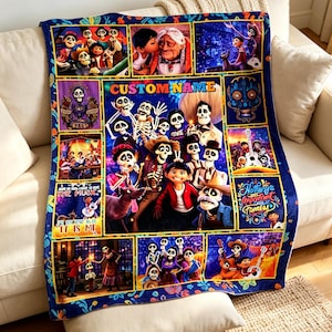 May include: A rectangular fleece blanket featuring a collage of scenes from the movie Coco. The design includes multiple panels with characters, skeletons, and the text CUSTOM NAME, Nothing is important but family, and It is me, with a dark blue border.