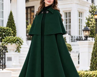 Abrigo tipo capa verde oscuro para mujer, elegante capa larga de invierno, abrigo de lana estilo vintage victoriano con capas, abrigo gótico renacentista.
