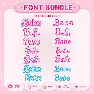 以下が含まれることがあります： FONT BUNDLEおよび14 DIFFERENT FONTSというテキストが表示されたデジタルフォントバンドル。Babeという単語が、ピンクと青の色合いで14種類の異なるスクリプトおよび筆記体スタイルで示されています。TTF、PNG、SVG、高品質、300 DPIのアイコンが含まれています。