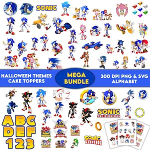 May include: A digital collection of Sonic the Hedgehog character illustrations, including Sonic, Tails, Knuckles, Amy, and Shadow in various poses. The set features logos, gold rings, colorful gems, and alphabet letters with the text HALLOWEEN THEMES MEGA BUNDLE.