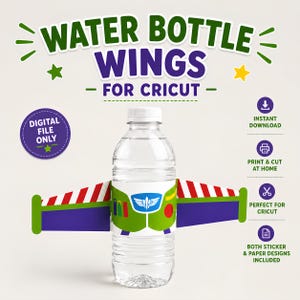 Op de afbeelding: Een doorzichtige plastic waterfles met een papieren etiket met groene, paarse en rode vleugelafbeeldingen en de tekst WATER BOTTLE WINGS FOR CRICUT, DIGITAL FILE ONLY, INSTANT DOWNLOAD, PRINT & CUT AT HOME, PERFECT FOR CRICUT, EN BOTH STICKER & PAPER DESIGNS INCLUDED.