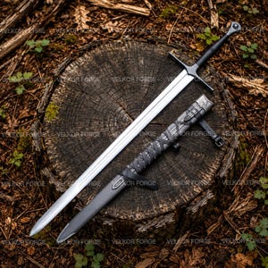 May include: A long steel sword with a black crossguard and pommel, featuring a double-edged blade. Beside it lies a matching black scabbard wrapped in leather straps with a metal buckle. The text VELKOR FORGE is repeated across the image.