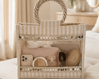 Clear Jute Handbag with Mirror Work, Beige Transparent Tote Bag, Indian Festive Purse, Wedding Guest Bag, Gift for Her