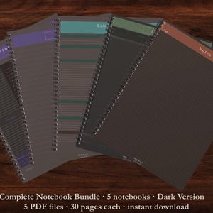 May include: A bundle of five spiral-bound notebooks with dark grey pages and coloured header bars in purple, teal, green, and rust. Each notebook features distinct interior layouts including lined, grid, and dotted formats with text labels.