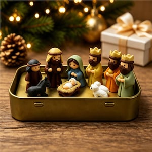 Könnte beinhalten: Ein Miniatur-Krippenset mit kleinen Figuren eines Babys in einer Krippe, Maria, Josef, drei Königen, einem Hirten, einem schwarzen Esel und zwei weißen Schafen. Die Figuren sind in einem rechteckigen, goldfarbenen Metalldosenbehälter angeordnet.