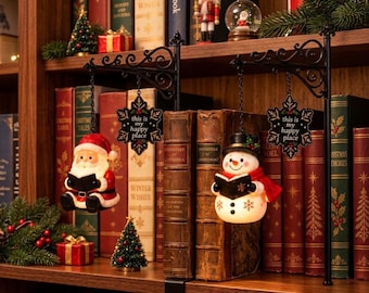 Light Up Christmas Bookshelf Decor,7 Color LED Book Nook Light,Wrought Iron Hanging Holiday Sign,Santa Snowman Reindeer Angel,Christmas Gift