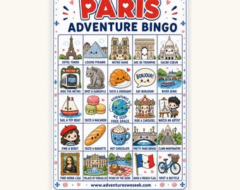 Paris Travel Bingo for Kids | Printable France Airplane Activity | Instant Download Road Trip Game