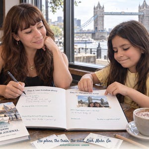 May include: An open travel journal titled London Journal with lined pages featuring handwritten text Day 1/our London diary and Day 1/the part we keep, a photograph of two people at Tower Bridge, and a separate book cover with a London illustration.
