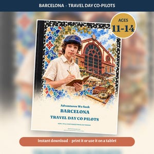 Może przedstawiać: Okładka książki z tytułem Adventures We Seek BARCELONA TRAVEL DAY CO PILOTS AGES 11-14. Przedstawia osobę w czapce piszącą w notatniku, kompas oraz ołówek na tle budynku z czerwonej cegły z akcentami z mozaiki.