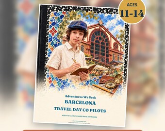 May include: A book cover titled Adventures We Seek BARCELONA TRAVEL DAY CO PILOTS AGES 11-14. It features a person in a cap writing in a notebook, a compass, and a pencil against a backdrop of a red brick building with mosaic tile accents.