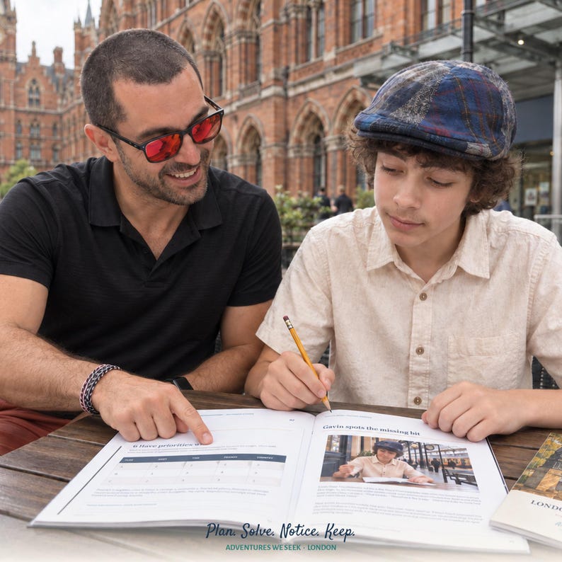 May include: An open educational workbook featuring the text 'Plan. Solve. Notice. Keep. ADVENTURES WE SEEK - LONDON' at the bottom, with a page showing a table titled 'I Have priorities' and a section titled 'Gavin spots the missing bit'.