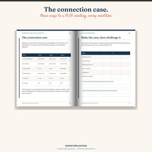 May include: An open book displaying two pages titled The connection case and Make the case, then challenge it. The pages contain tables with travel data, train schedules, and blank fields for calculations, printed in black text on a white background.
