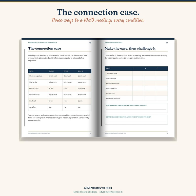 May include: An open book displaying two pages titled The connection case and Make the case, then challenge it. The pages contain tables with travel data, train schedules, and blank fields for calculations, printed in black text on a white background.