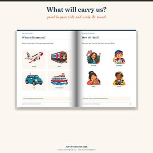 May include: An open educational book titled What will carry us? featuring illustrations of a plane, train, car, and boat on the left page, and four children expressing emotions labeled excited, worried, tired, and ready on the right page.