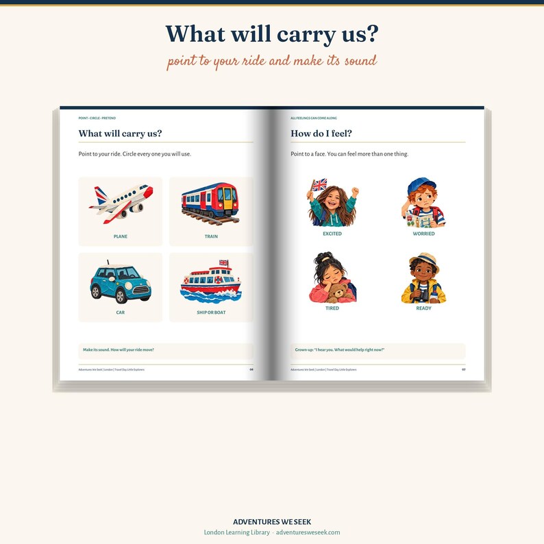 May include: An open educational book titled What will carry us? featuring illustrations of a plane, train, car, and boat on the left page, and four children expressing emotions labeled excited, worried, tired, and ready on the right page.
