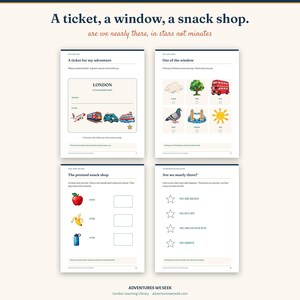 May include: Four activity pages titled A ticket, a window, a snack shop, and Are we nearly there? featuring illustrations of a London bus, bridge, and travel items. The text includes prompts for children to mark items, draw stars, and fill in travel details.