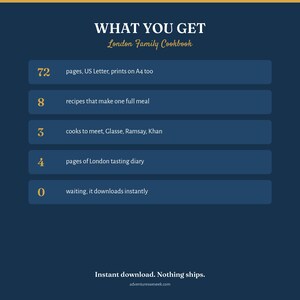 May include: A dark blue informational graphic titled WHAT YOU GET London Family Cookbook. It lists 72 pages, US Letter, 8 recipes for full meals, 3 cooks to meet, 4 pages of London tasting diary, and 0 waiting for instant download.