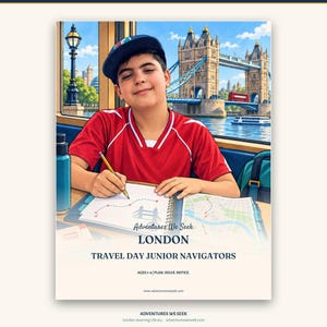 May include: A book cover titled Adventures We Seek LONDON TRAVEL DAY JUNIOR NAVIGATORS AGES 7-9 PLAN. SOLVE. NOTICE. featuring an illustration of a child in a red shirt and blue cap writing in a notebook with Tower Bridge in the background.