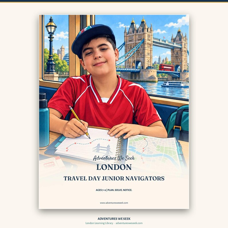 May include: A book cover titled Adventures We Seek LONDON TRAVEL DAY JUNIOR NAVIGATORS AGES 7-9 PLAN. SOLVE. NOTICE. featuring an illustration of a child in a red shirt and blue cap writing in a notebook with Tower Bridge in the background.