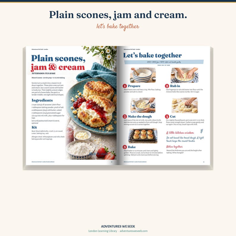 May include: An open cookbook page titled Plain scones, jam and cream, featuring a recipe with ingredients, a kit list, and step-by-step instructions. The left page shows a photograph of two scones topped with jam and cream on a blue plate.