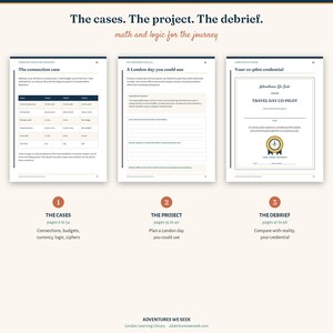 May include: Three pages from a book titled The cases. The project. The debrief. math and logic for the journey. The pages show The connection case with a table, A London day you could use with writing prompts, and Your co-pilot credential certificate.
