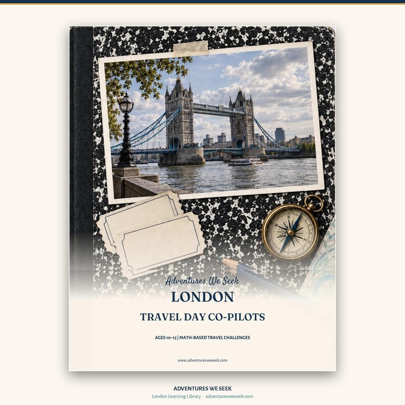 May include: A book cover with a black and white speckled background featuring a photograph of Tower Bridge in London. It includes a gold compass, two blank rectangular labels, and a pencil. Text reads: Adventures We Seek LONDON TRAVEL DAY CO-PILOTS.