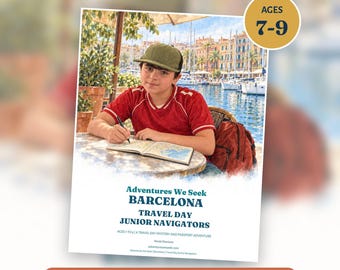 May include: A digital activity book titled Adventures We Seek Barcelona Travel Day Junior Navigators for ages 7-9. The cover features an illustration of a person in a red shirt and green cap writing in a journal by a harbor.