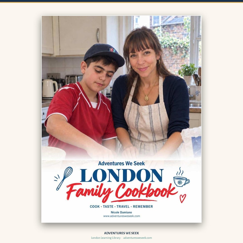 May include: A book cover titled Adventures We Seek London Family Cookbook by Nicole Damiano. The cover features a photograph of two people cooking in a kitchen, with blue and red text, a whisk icon, a teacup icon, and a heart icon on a white background.