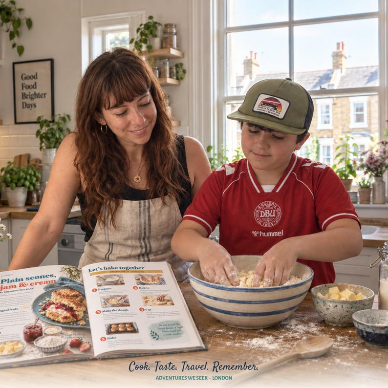 May include: A person wearing a red Hummel jersey and an olive green baseball cap with a sunset graphic patch, mixing dough in a large blue and white striped ceramic bowl. Beside them, an open cookbook titled Let's bake together sits on a table.