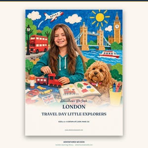 May include: A book cover titled Adventures We Seek LONDON TRAVEL DAY LITTLE EXPLORERS featuring a collage of London landmarks, a red bus, a train, a dog, and a child crafting. The text includes ACES 4-6 + A GROWN-UP | LOOK. MAKE. CO.