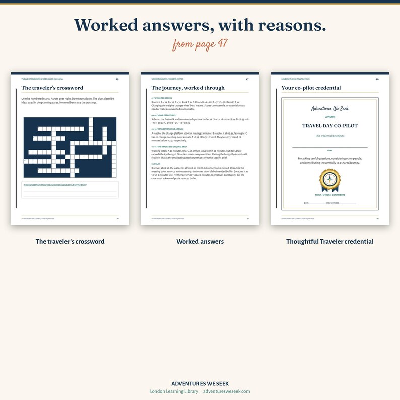 May include: Three pages from a book titled Worked answers, with reasons. The first page shows a crossword puzzle, the second page displays text-based solutions, and the third page features a Travel Day Co-Pilot credential certificate.