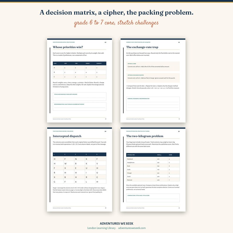 May include: Four educational worksheets titled A decision matrix, a cipher, the packing problem, grade 6 to 7 core, stretch challenges. The pages contain tables, math problems, and text including Whose priorities win, The exchange-rate trap, Intercepted dispatch, and The two-kilogram problem. The layout is clean with dark blue headers and light beige backgrounds.