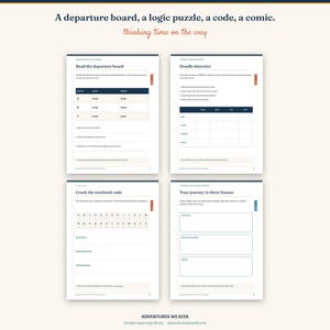 May include: A four-page activity set titled A departure board, a logic puzzle, a code, a comic. thinking time on the way. The pages feature exercises including a departure board table, a Doodle detective logic grid, a notebook code key, and three blank frames for a comic strip journey.