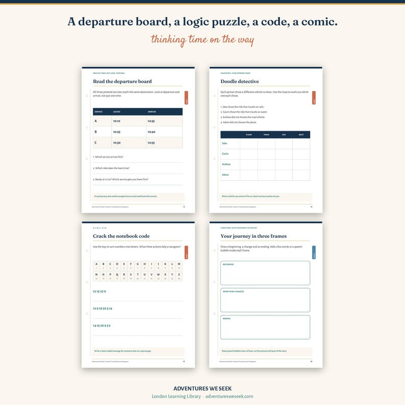 May include: A four-page activity set titled A departure board, a logic puzzle, a code, a comic. thinking time on the way. The pages feature exercises including a departure board table, a Doodle detective logic grid, a notebook code key, and three blank frames for a comic strip journey.