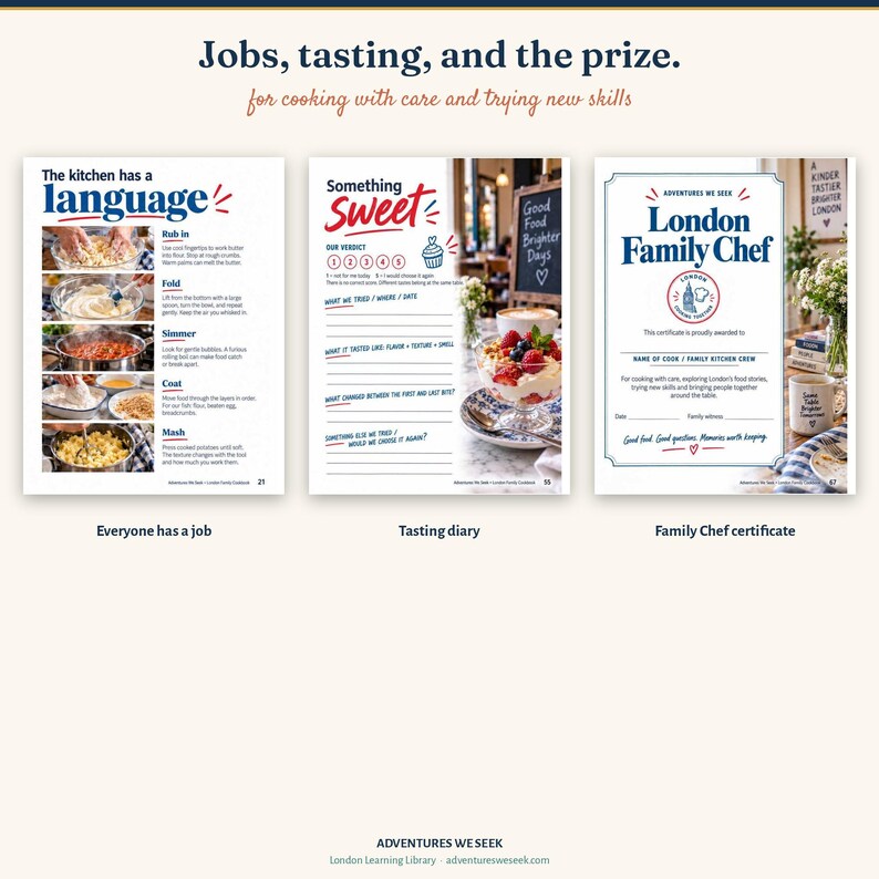 May include: Three pages from a cookbook titled London Family Chef. The first page shows kitchen techniques like rubbing, folding, and simmering. The second page is a tasting diary with a rating scale. The third page is a certificate of achievement.