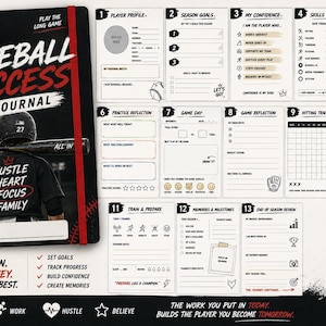May include: A spiral-bound Baseball Success Journal with a black cover featuring a baseball player and the text "Hustle Heart Focus Family." The interior pages include thirteen sections for tracking player profiles, season goals, practice logs, game reflections, hitting trackers, and pitching stats.