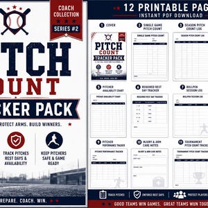 May include: A 12-page printable Pitch Count Tracker Pack for baseball coaches. The document includes a cover, single game pitch count, season pitch count log, weekly pitch count tracker, pitcher availability chart, rest day tracker, and session logs.